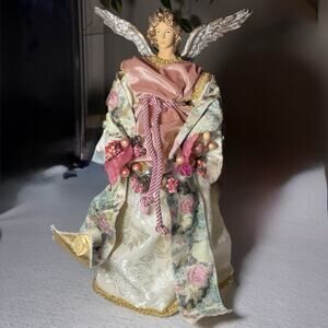 16" Victorian Christmas Angel Tree Topper Rose Velvet & Gold Damask Floral Gown